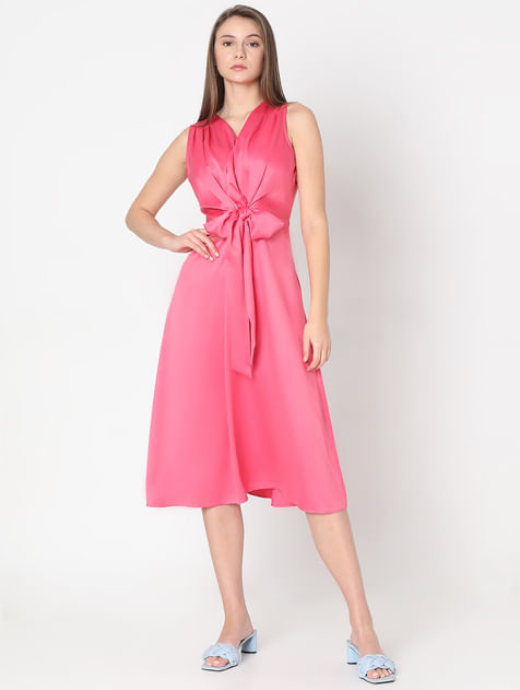 Pink Mock Tie-Up Midi Dress
