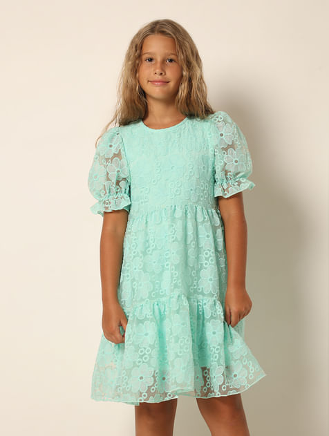 Girls Blue Embroidered Fit & Flare Dress