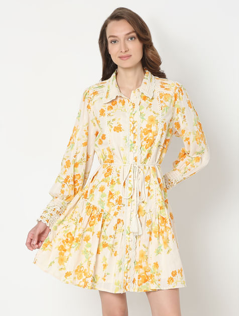 Yellow Floral Print Shirt Dress