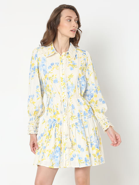Yellow & Blue Floral Print Shirt Dress