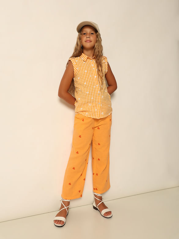 Girls Orange Embroidered Co-ord Set Straight Fit Pants