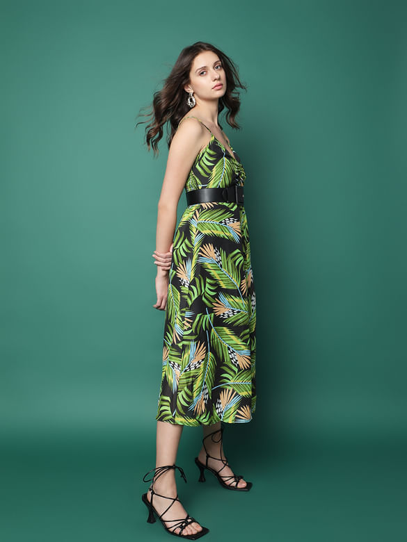 Green Tropical Print Midi Dress
