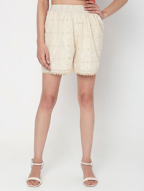 Beige High Rise Check Co-ord Set Shorts