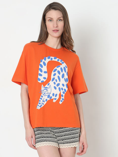 Orange Graphic Print Cotton T-shirt