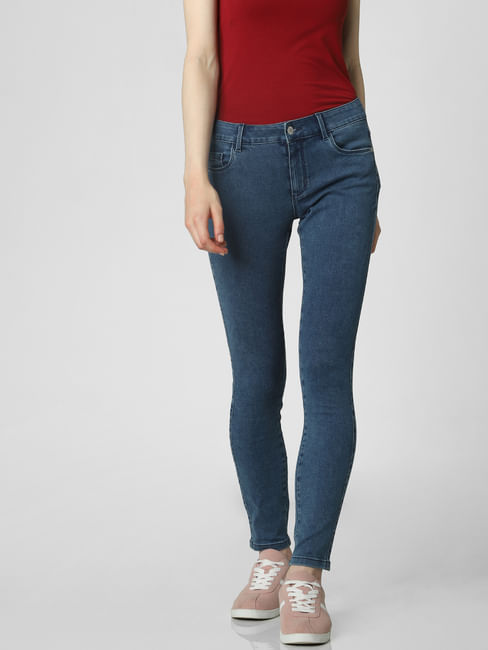 Blue Mid Rise Ankle Length Skinny Fit Jeggings