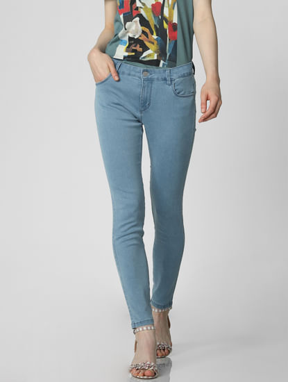 Blue Mid Rise Ankle Length Skinny Fit Jeggings