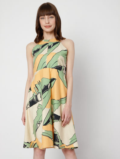 Beige Halter Neck Printed Dress