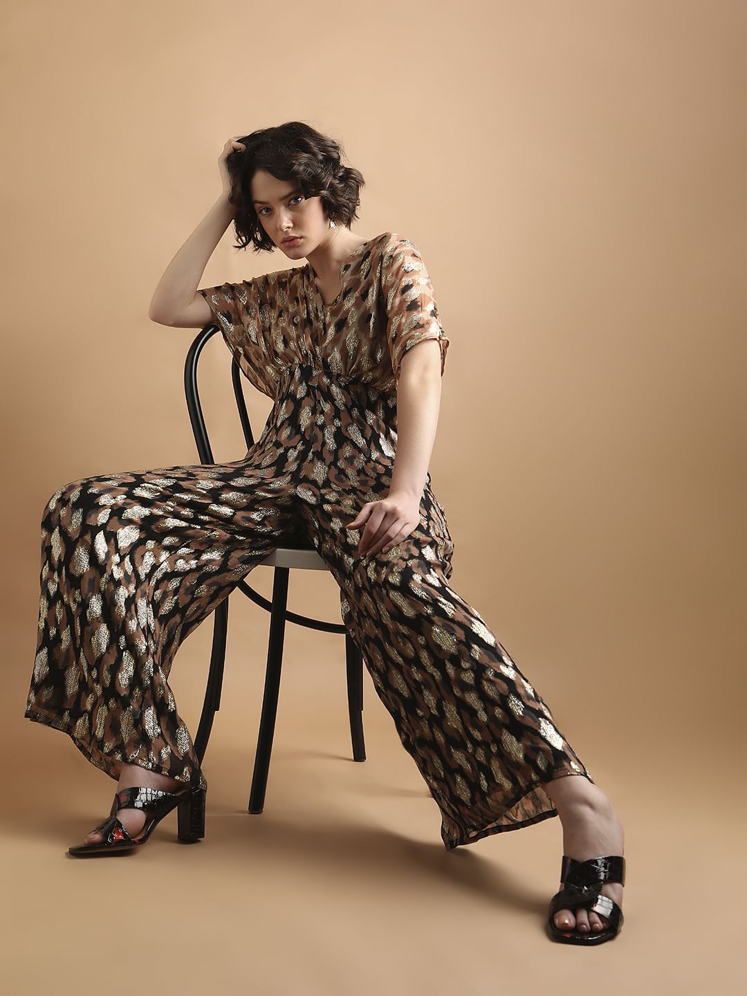 Black & Brown Printed Georgette Jumpsuit|140536201-Jet-Black