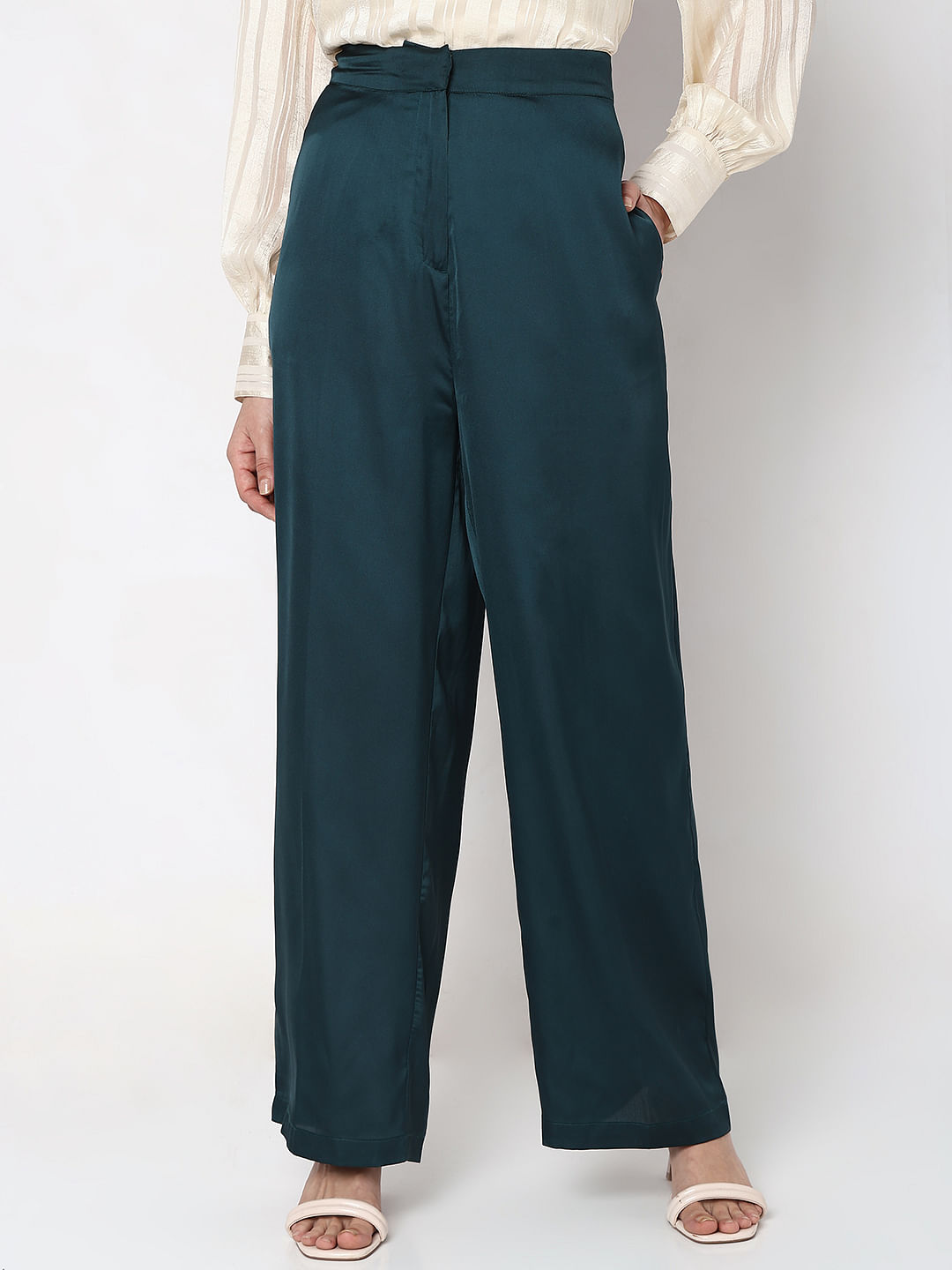 Soft Green Pure Satin Silk Halter Top and Pants Co-ord Set - Tilfi