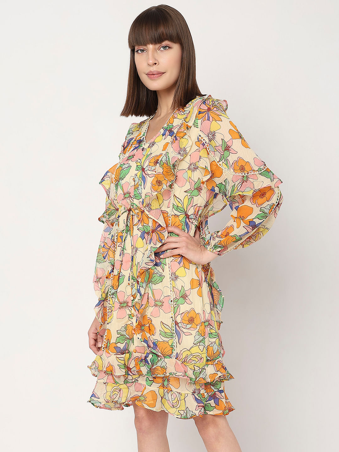Plus Size Yellow Floral Print High Low Midi Dress | Yours Clothing