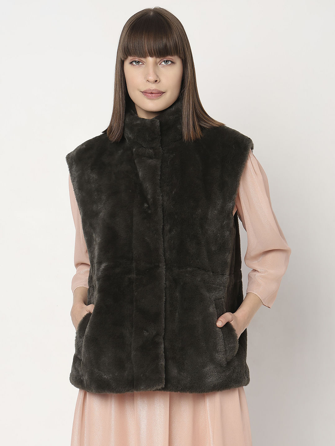 Green Turtleneck Faux Fur Waistcoat 227652501 Peat