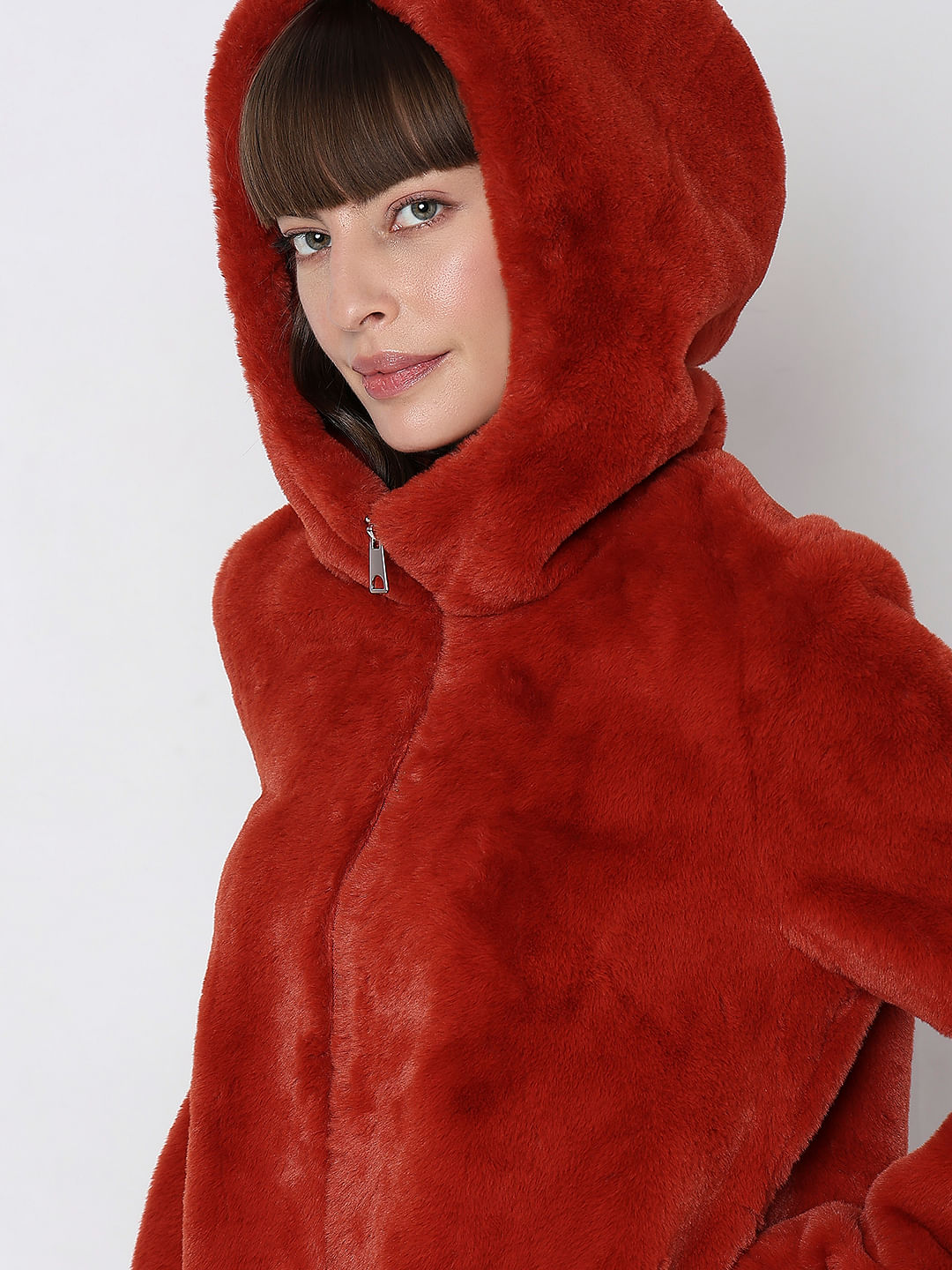 Red Faux Fur Hooded Jacket|227652602-Red-Ochre