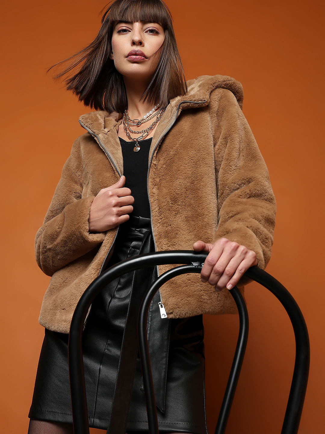 Brown Faux Fur Hooded Jacket|227652603-Tigers-Eye