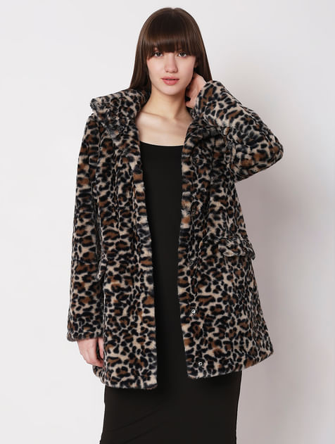 Brown Animal Print Faux Fur Coat