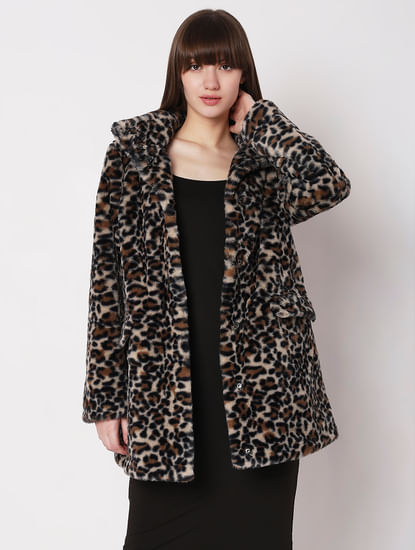 Brown Animal Print Faux Fur Coat