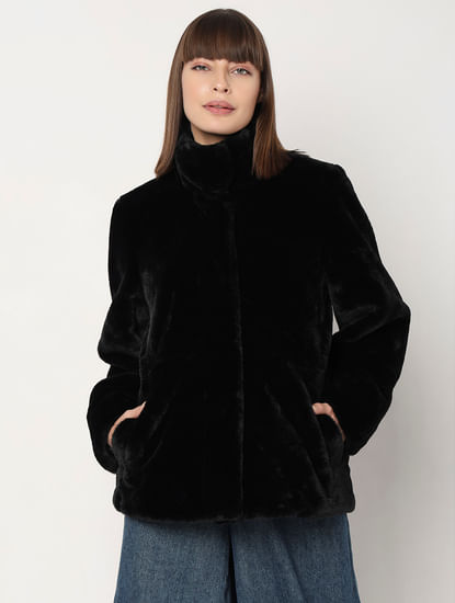 Black Faux Fur High Neck Jacket