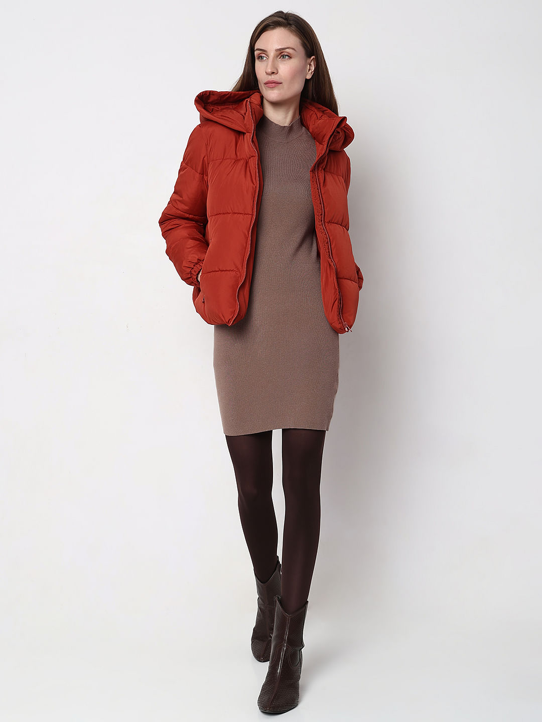 Red Hooded Short Puffer Jacket