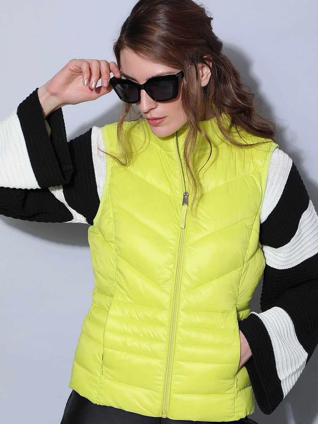 Lemon Green Sleeveless Puffer Jacket|241442801-Sulphur-Spring