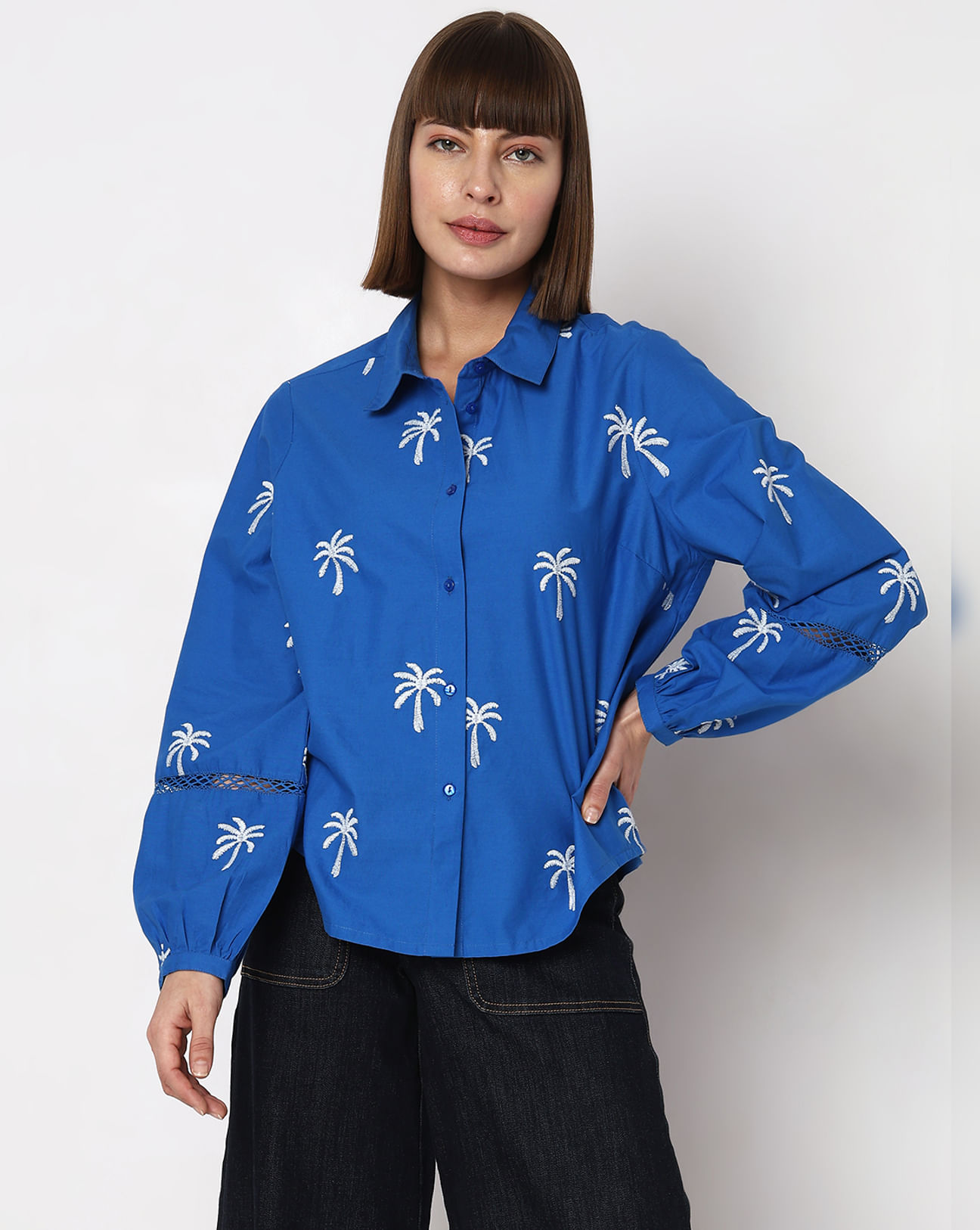 Blue Floral Embroidered Shirt