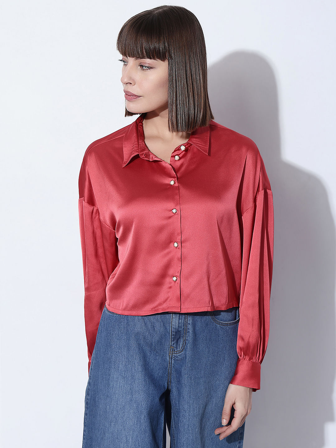 Red satin button up hot sale shirt