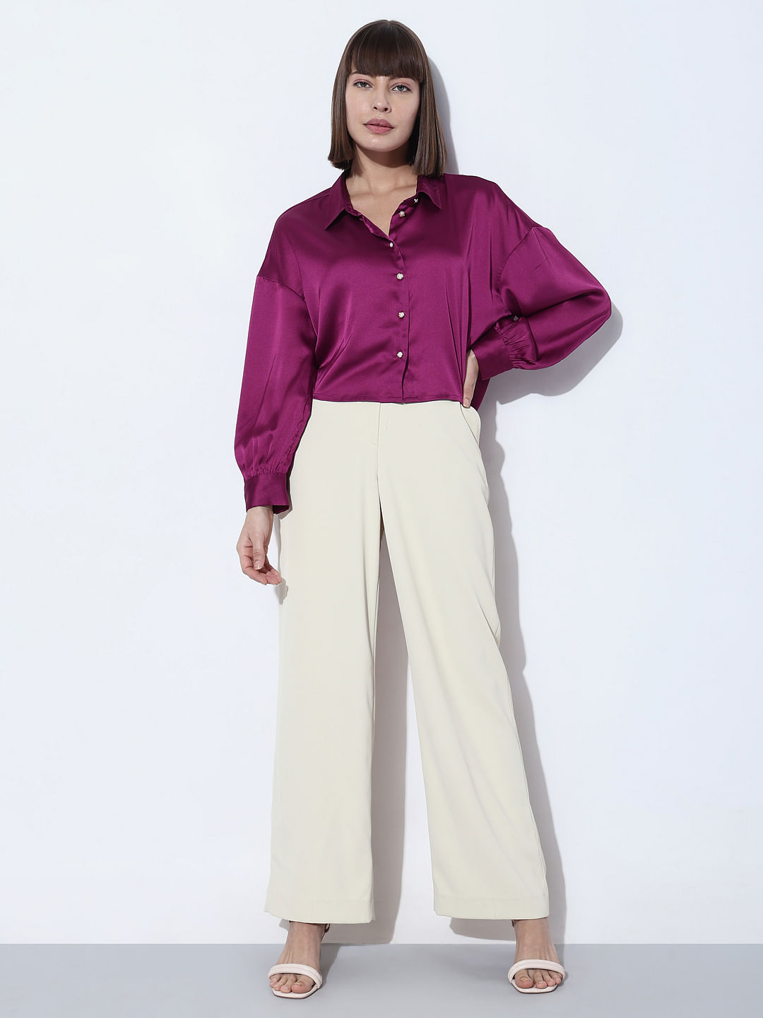Alice And Olivia Dylan Purple Wide-leg Satin Trousers In Merlot | ModeSens