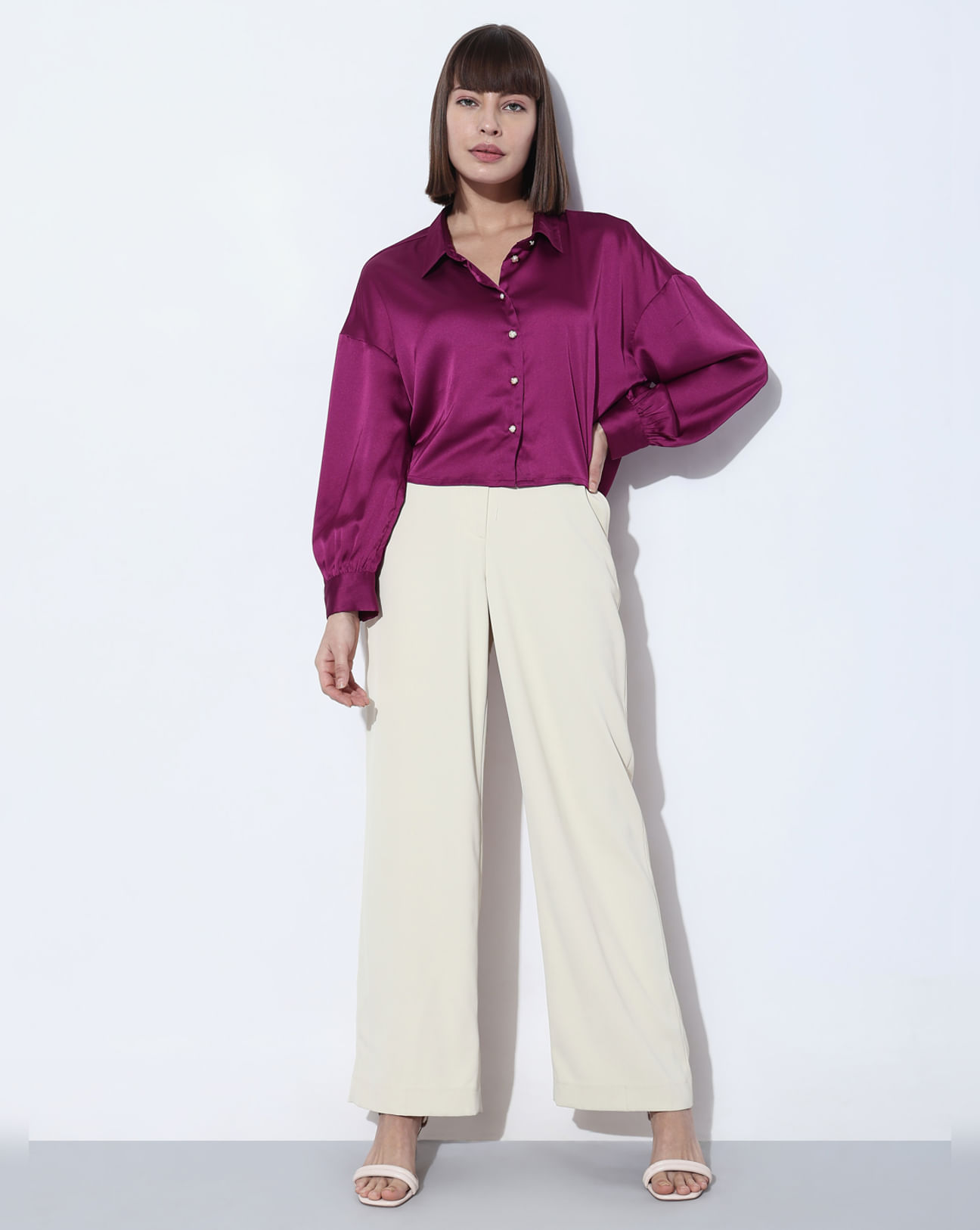 NWT. Zara Purple Satin Full Length High-Waisted Trousers/Pants. Size M.