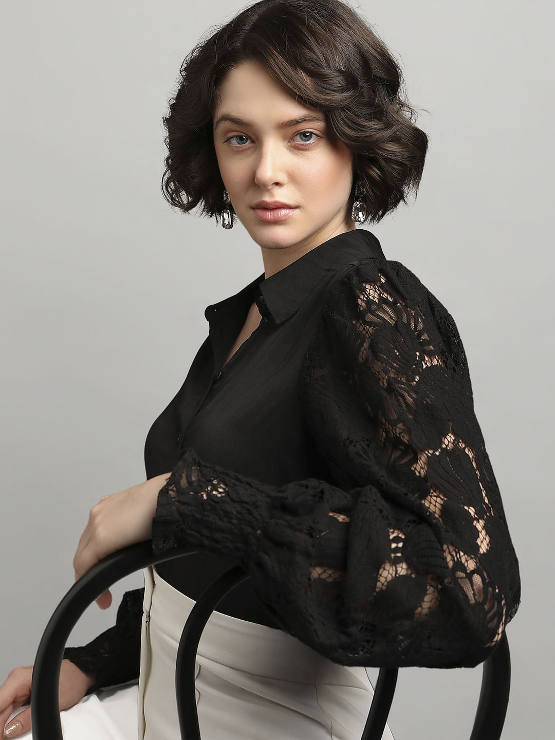 Black shirt outlet with lace sleeves