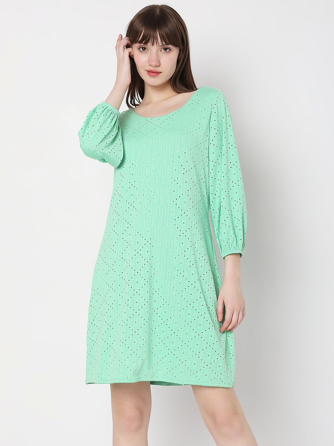 Buy Women Light Green Floral Jaal Print Cotton Dress - Feed-Dress - Indya