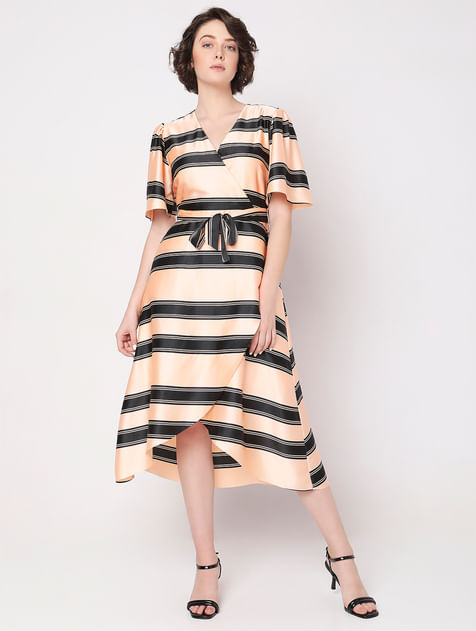 Peach Striped Fit & Flare Wrap Dress