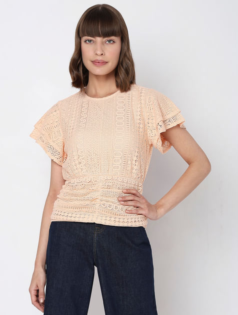 Peach Lace Flared Top