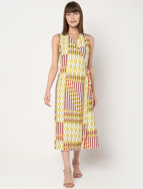 Yellow Printed Wrap Midi Dress