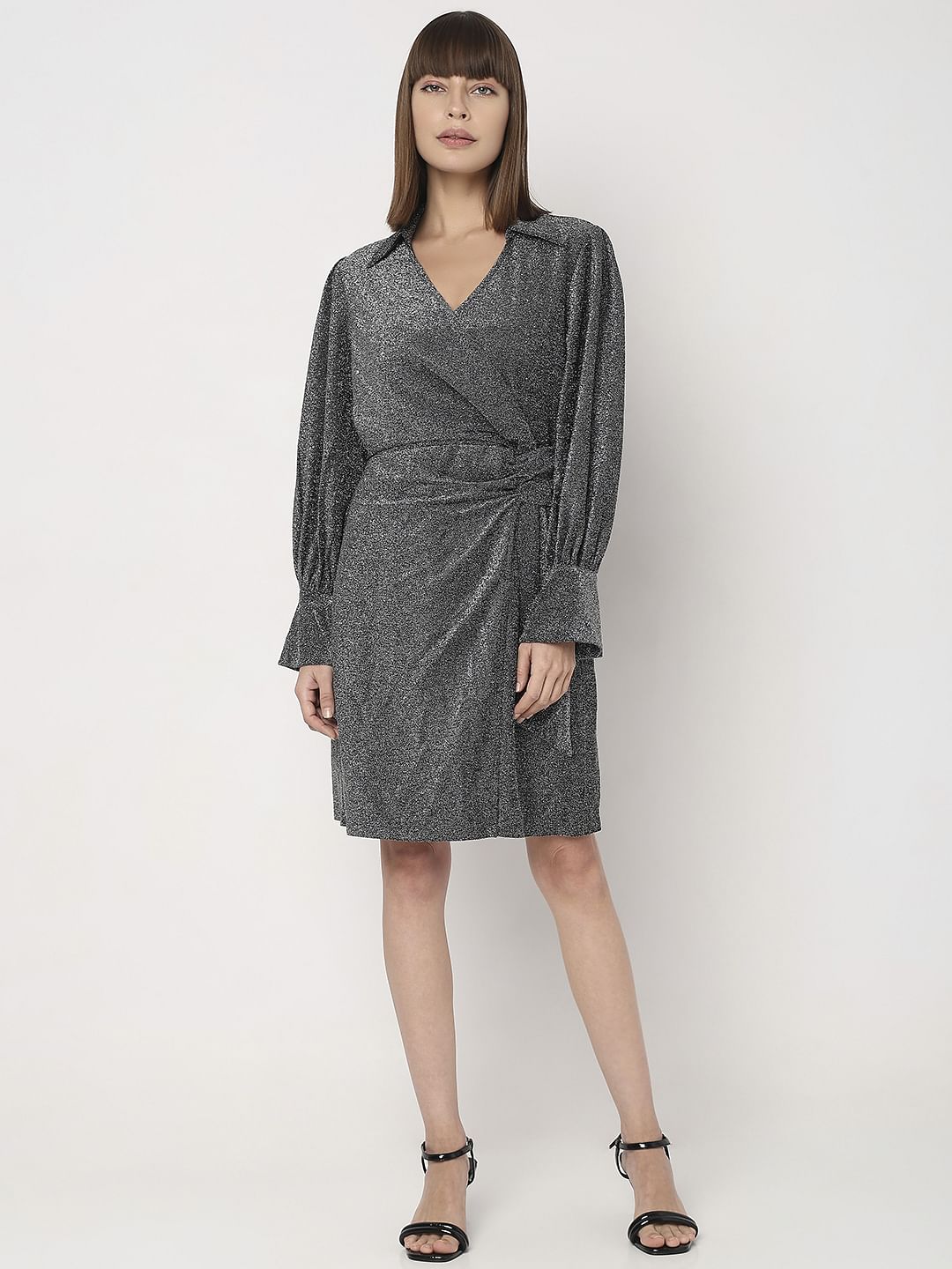 Black Lurex Knit Wrap Dress