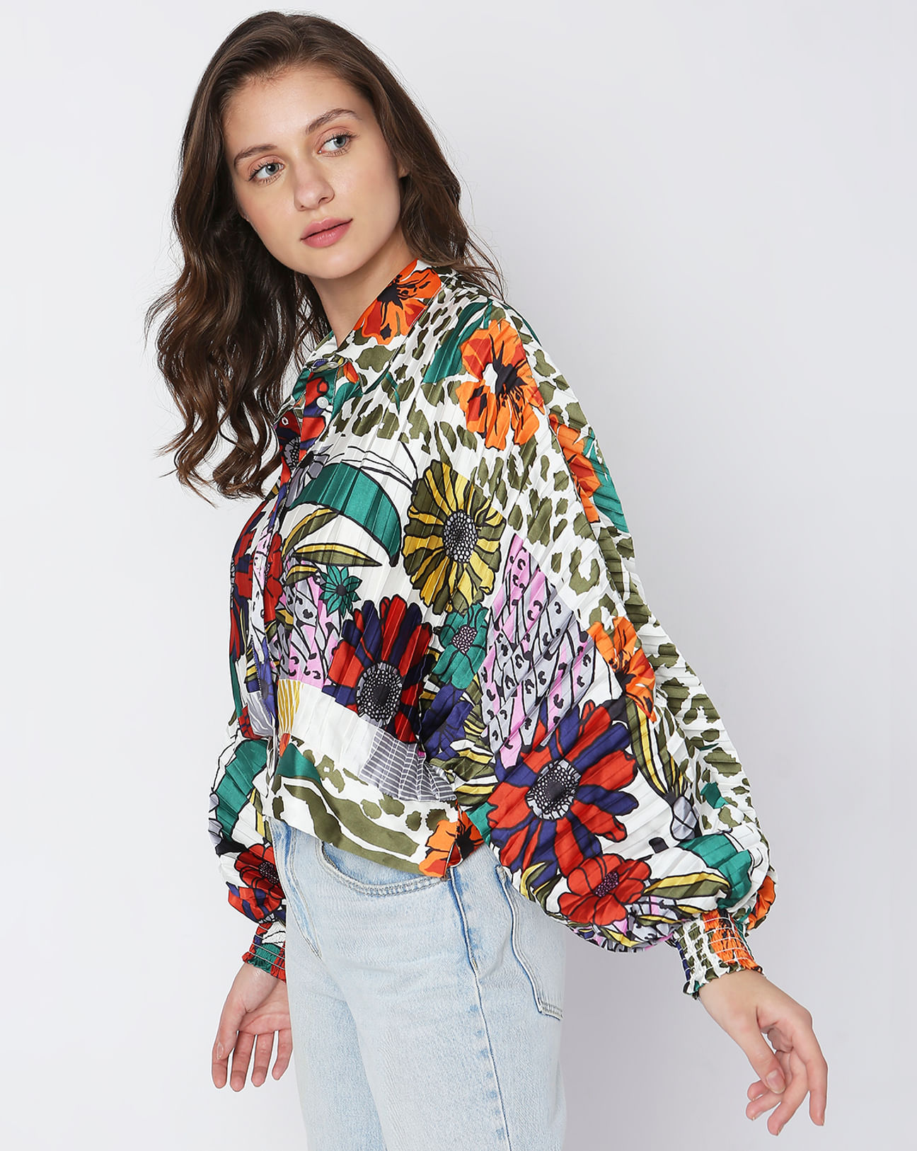 Green Abstract Print Pleated Shirt