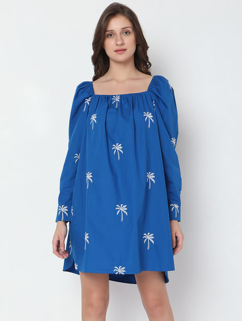 Blue Floral Embroidered Shift Dress
