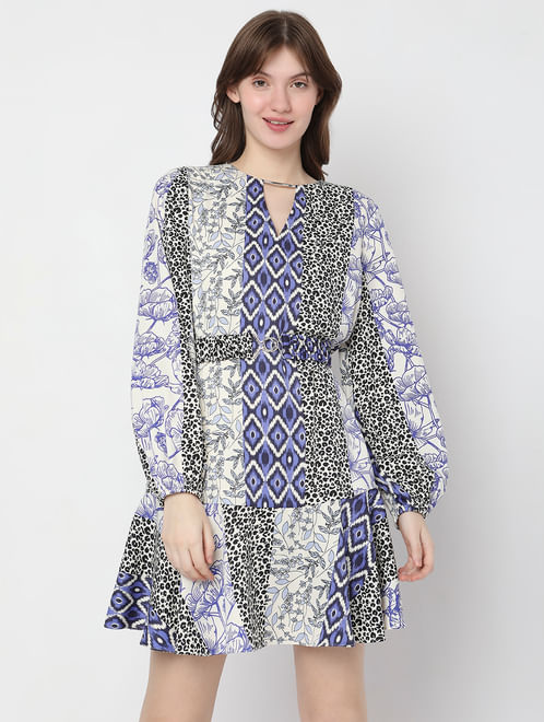 Blue Abstract Print Fit & Flare Dress