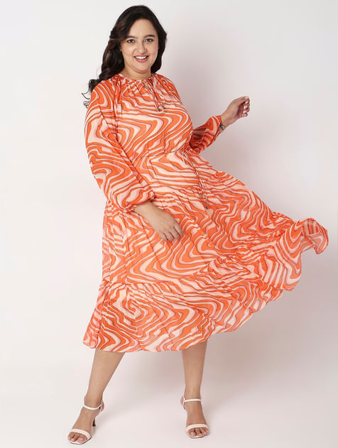 Curve Orange Abstract Print Shift Dress