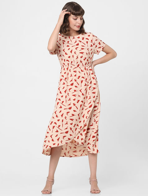 Peach Abstract Print Midi Dress