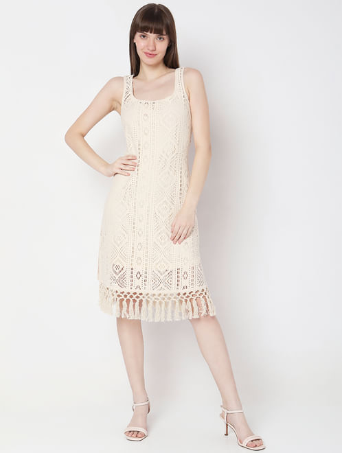 Beige Crochet Midi Dress