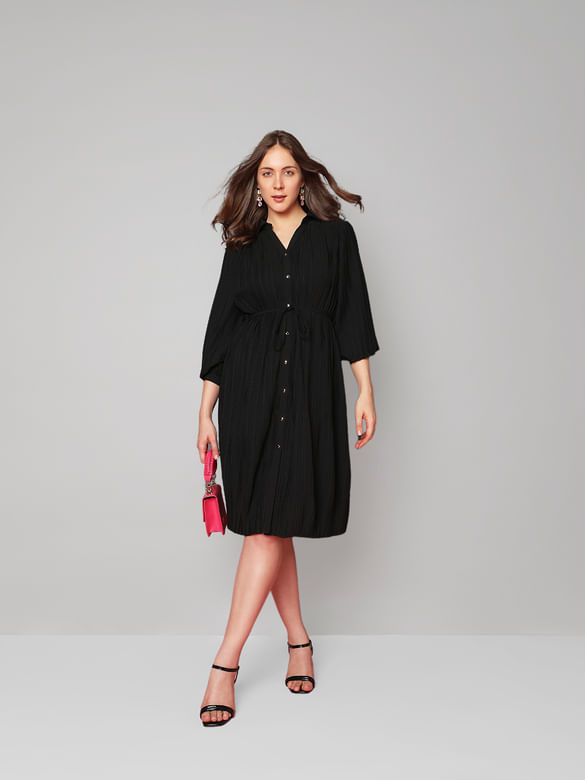 Black Pleated Midi Shirt Dress