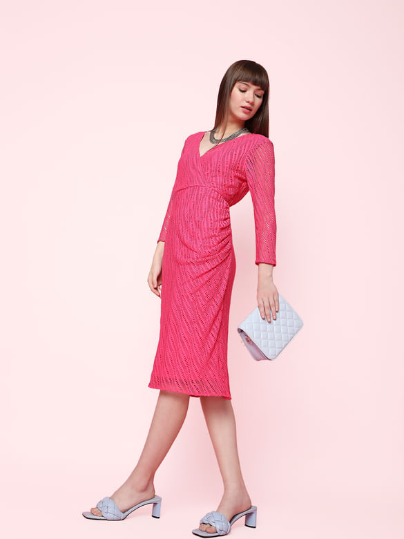 Pink Lace Wrap Midi Dress