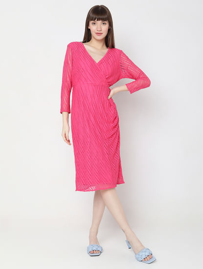 Pink Lace Wrap Midi Dress