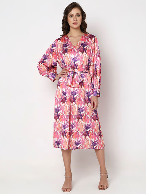 Pink Tropical Print Midi Dress