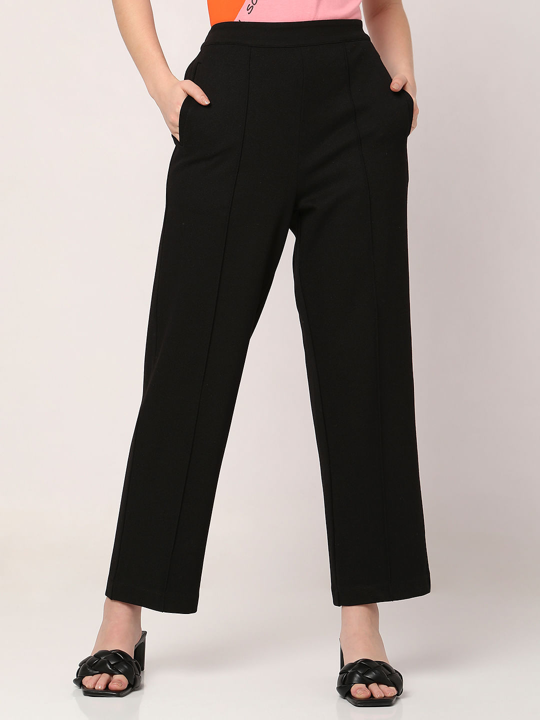 Black High Rise Straight Fit Pants
