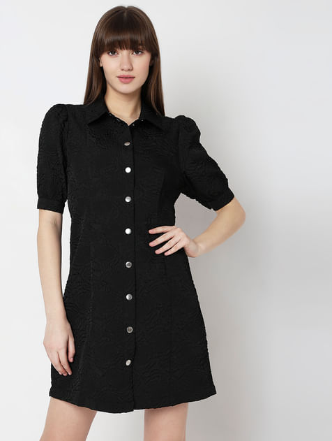 Black Textured Puff Sleeves Mini Dress
