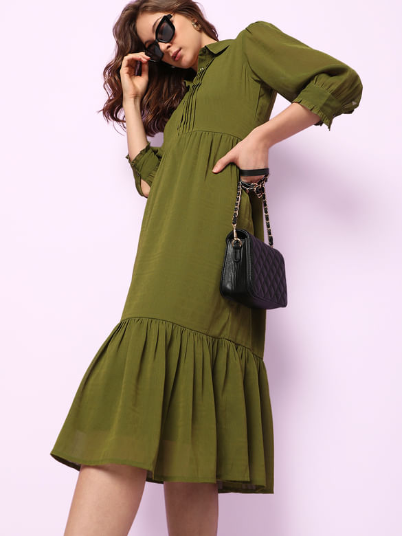 Olive Green Midi Shirt Dress 