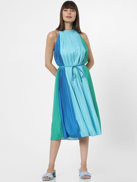 Blue Pleated Colourblocked Midi Dress