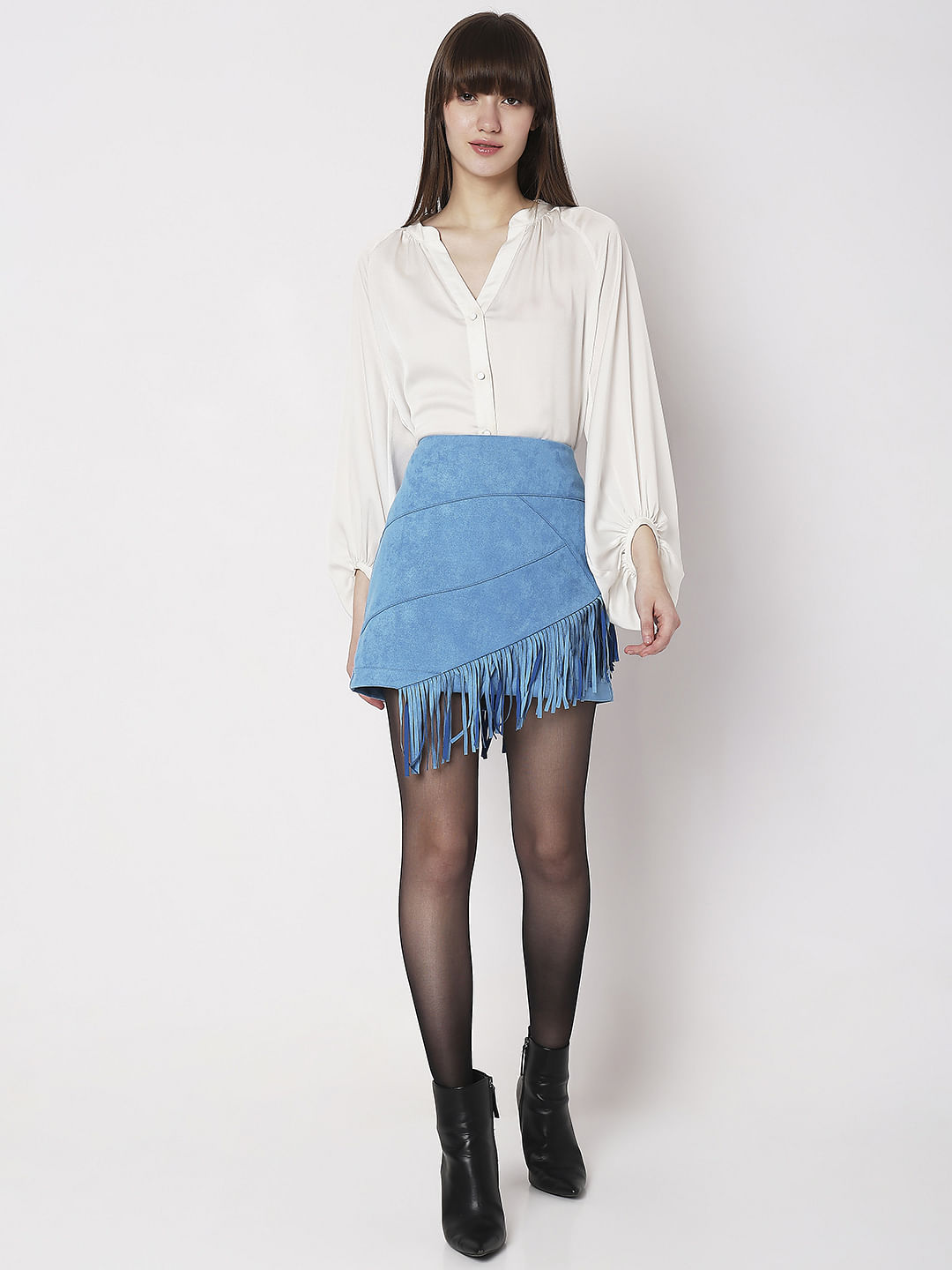 Blue High Rise Fringe Detail Co ord Set Skirt