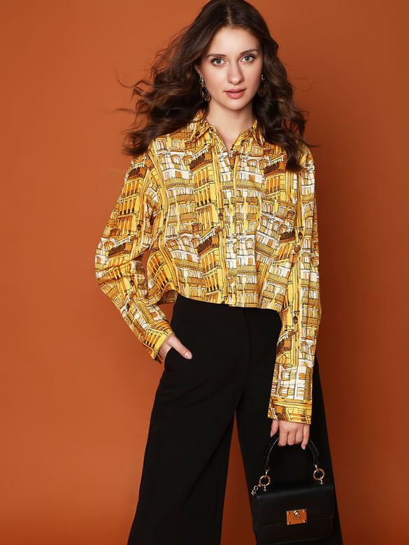 Yellow Abstract Print Cropped Shirt