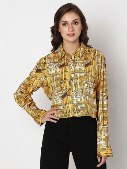 Yellow Abstract Print Cropped Shirt