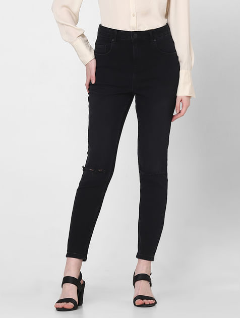 Black High Rise Ripped Skinny Jeans